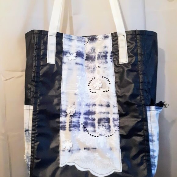 New Boho Lace Tie Dye Tote Shopper shoulder Bag Double handle Blue White KeyClip - Picture 9 of 12